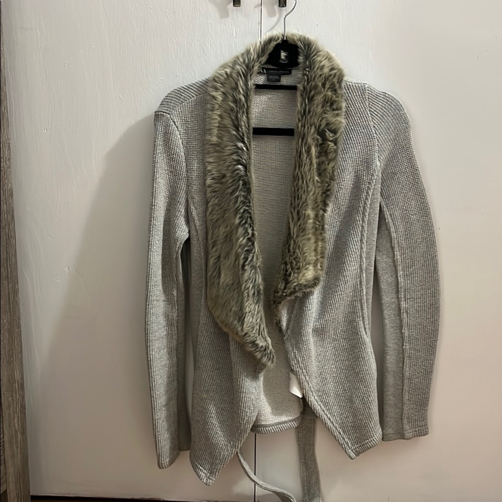 Armani Exchange Gray and Brown Cardigan with Luxurious Trim